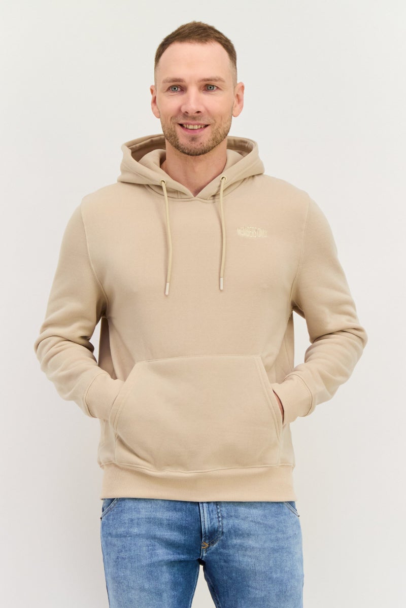 MEMBERS ONLY هودي رجالي مزود بغطاء رأس وشعار مطرز بأكمام طويلة، بيج - Image 1