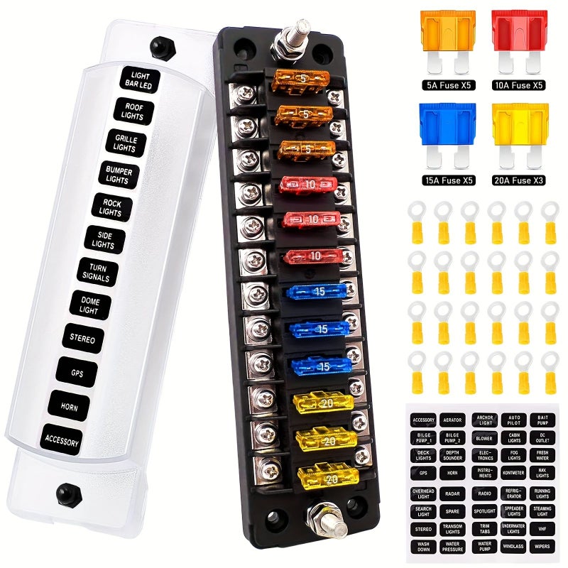Marine Automotive 12 Way Blade Fuse Block With Negative Bus For Boat RV - Image 1