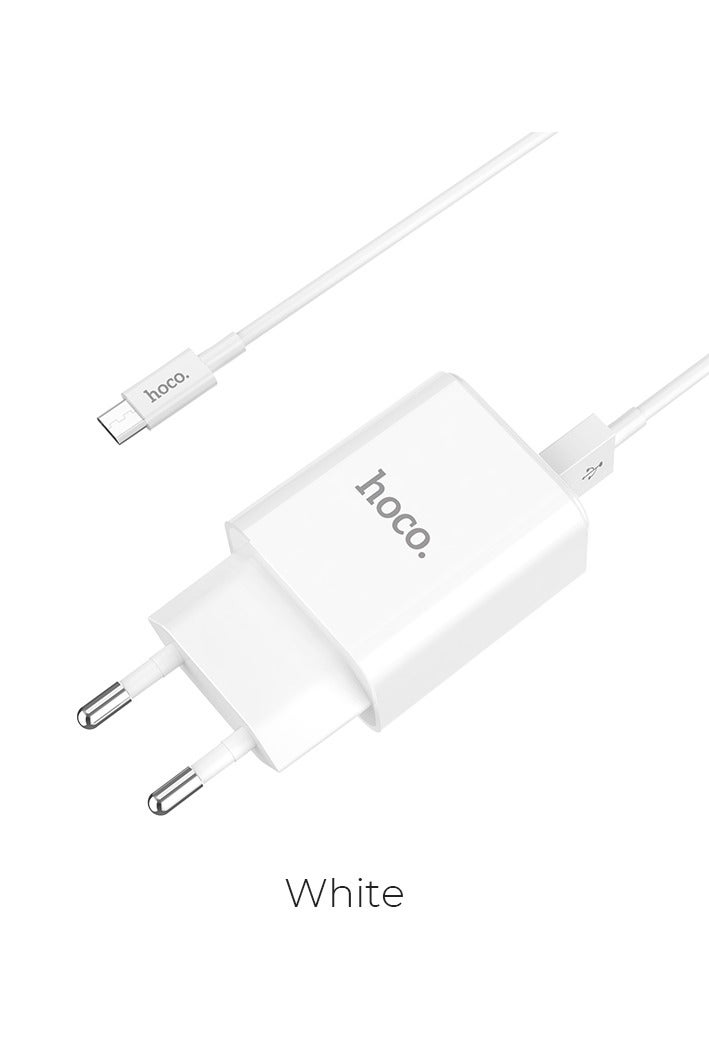 Hoco C62A Victoria Wall Charger Dual Port ( 5V/2.1A ) With Micro Cable ,  Compatible With Samsung Huawei Xiaomi Oppo - White - Image 1
