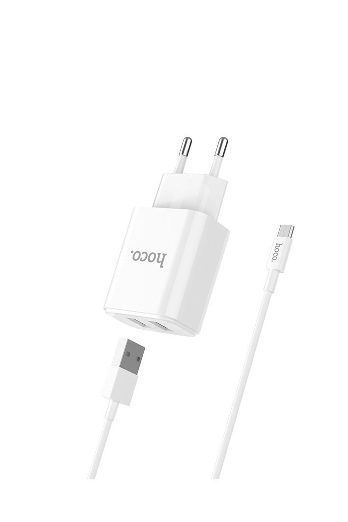 Hoco C62A Victoria Wall Charger Dual Port ( 5V/2.1A ) With Micro Cable ,  Compatible With Samsung Huawei Xiaomi Oppo - White - Image 2