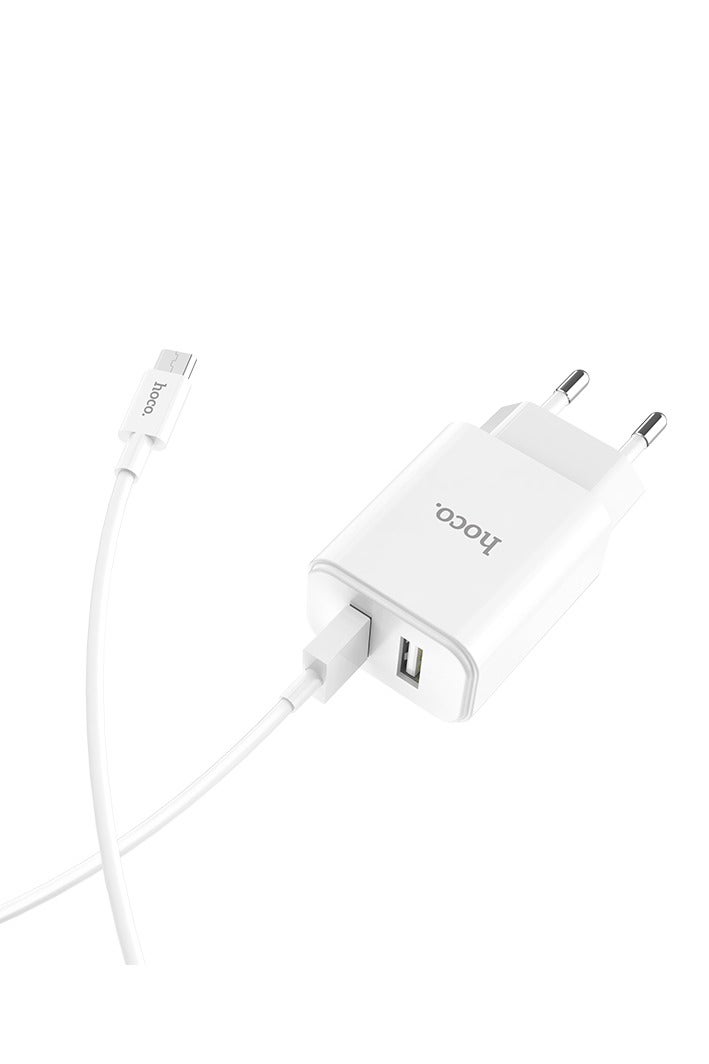 Hoco C62A Victoria Wall Charger Dual Port ( 5V/2.1A ) With Micro Cable ,  Compatible With Samsung Huawei Xiaomi Oppo - White - Image 3