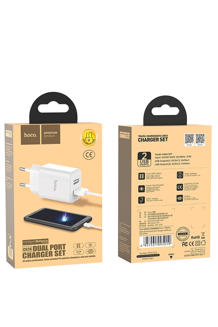 Hoco C62A Victoria Wall Charger Dual Port ( 5V/2.1A ) With Micro Cable ,  Compatible With Samsung Huawei Xiaomi Oppo - White - Image 4