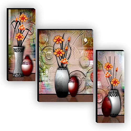 SAF paintings Set of 3 Flower Pot UV Textured Paintings for living room with frame Painting 12 Inch X 18 Inch SAF-JM9131 - Image 1