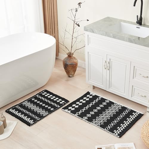 Douceur Boho Bath mat for Bathroom Floor Non Slip, Acrylic Blend Cute Bath Rugs with Tassels, Tribal Ethnic Pattern Farmhouse Bathroom Rugs, 24" x 36", Black - Image 2