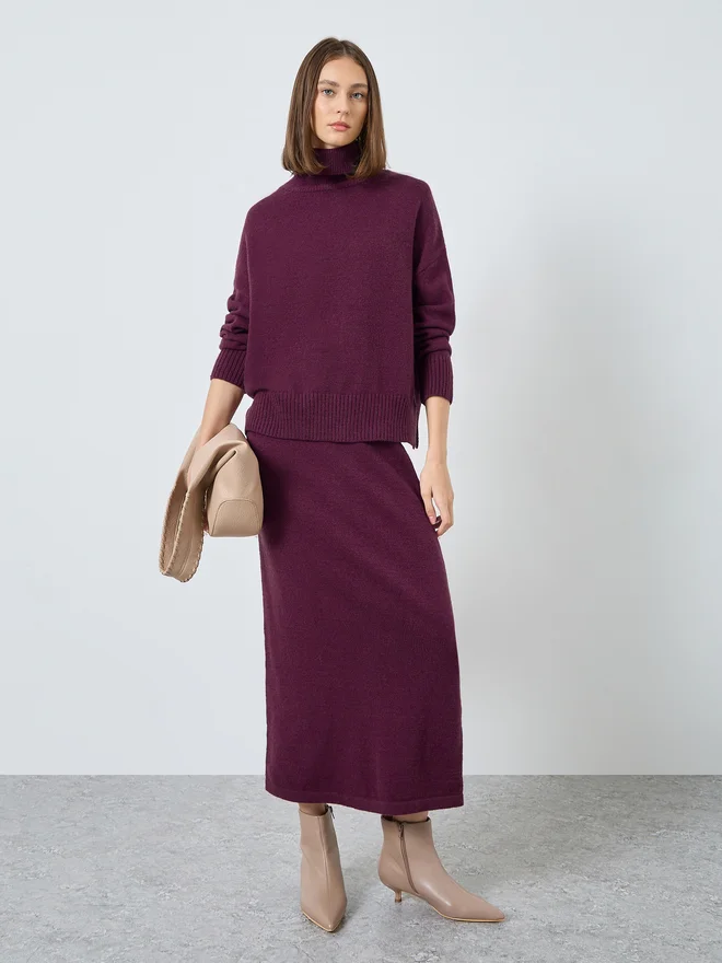 Styli Burgundy Knit Turtle Neck Sweater and Skirt Co-ords