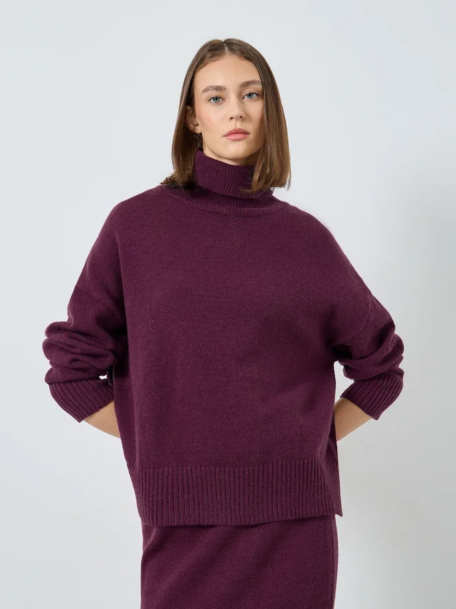 Styli Burgundy Knit Turtle Neck Sweater and Skirt Co-ords