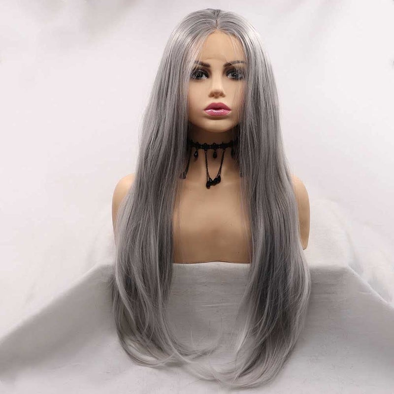 Synthetic Grey Lace Front Wigs Long Natural Straight Wigs For Women Hair Wig Heat Resistant Fiber Long Blonde Tips Wigs Smoke Grey Wigs