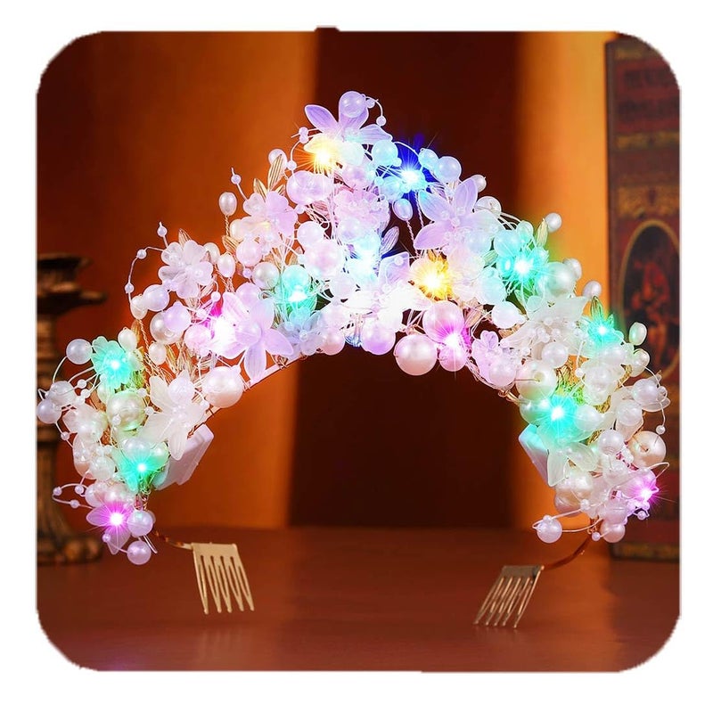 GORTIN Flower Wedding Crown Light up Pearl Princess Headband Bridal Tiara Headpiece Hair Accessories for Women