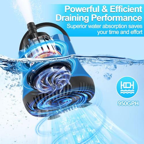 FineBud Submersible Water Pump, Adjustable Flow Sump Pump, Pool Cover Pump Above Ground, Electric Portable Water Removal Pumps, Water Pump for Pool Draining with 10ft Drainage Hose,3 Adapters,950GPH - Image 4