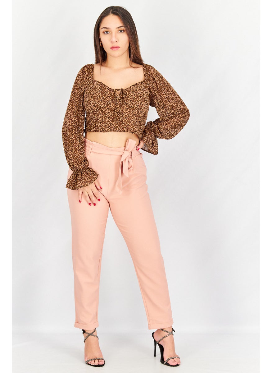 Pamela x NA-KD Reborn - Women Queen Anne Neck Long Sleeve Allover Print Top, Beige - Image 1