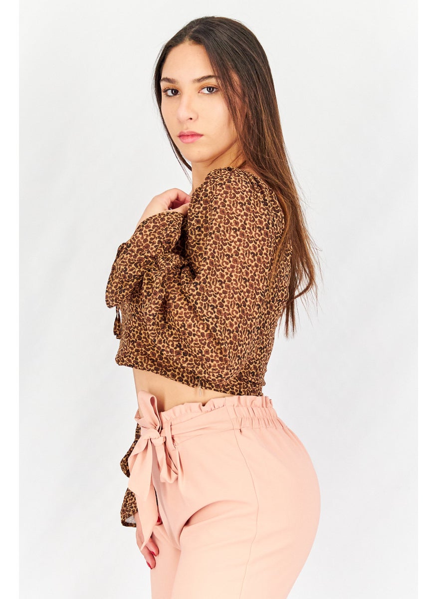 Pamela x NA-KD Reborn - Women Queen Anne Neck Long Sleeve Allover Print Top, Beige - Image 1