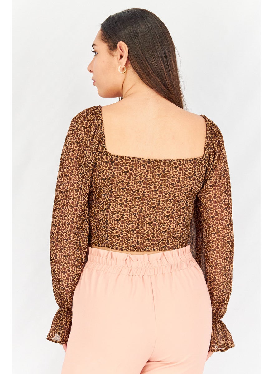 Pamela x NA-KD Reborn - Women Queen Anne Neck Long Sleeve Allover Print Top, Beige - Image 1