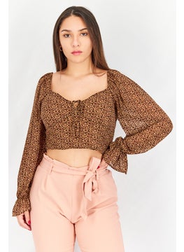 Women Queen Anne Neck Long Sleeve Allover Print Top, Beige
