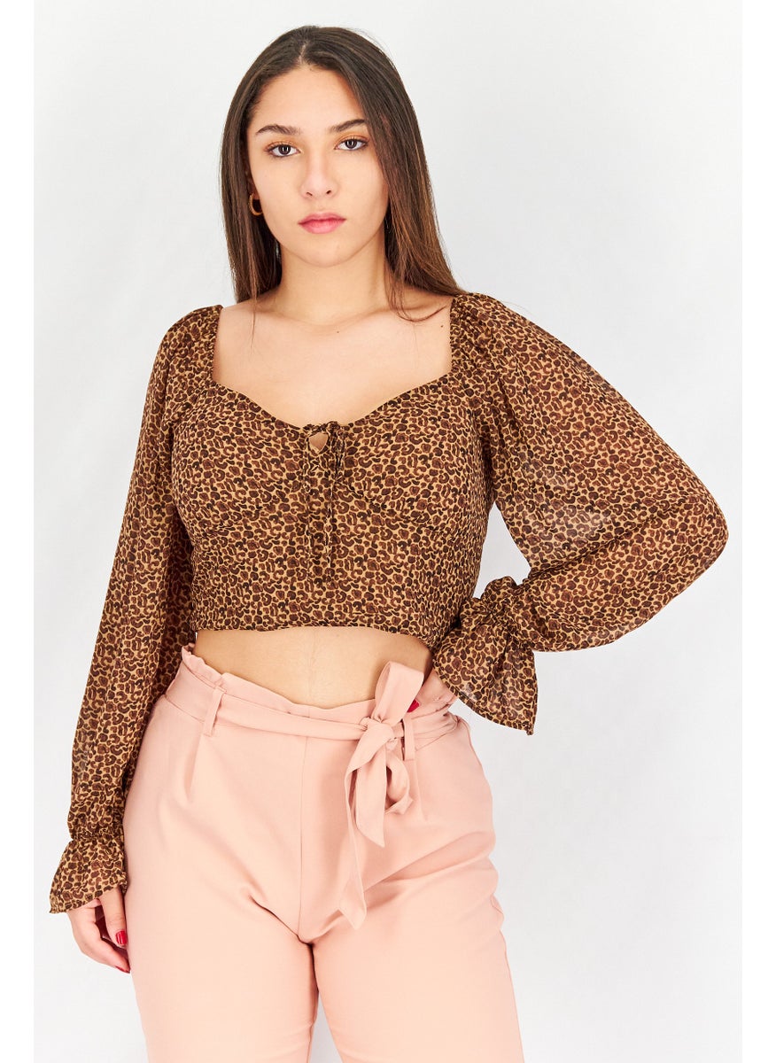 Pamela x NA-KD Reborn - Women Queen Anne Neck Long Sleeve Allover Print Top, Beige - Image 1