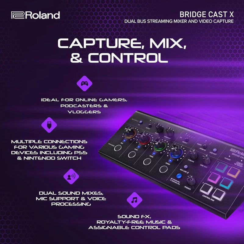 Roland خلاط الألعاب المزدوج BRIDGE CAST X من رولاند لتسجيل الفيديو واجهة بث الصوت الاحترافية للاعبين عبر الإنترنت مع دعم ميكروفون XLR و 32 بت DSP و USBC وتوافق مع ويندوز وماك - Image 4