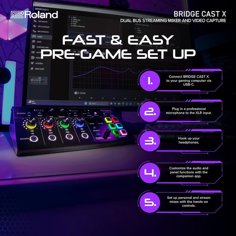 Roland خلاط الألعاب المزدوج BRIDGE CAST X من رولاند لتسجيل الفيديو واجهة بث الصوت الاحترافية للاعبين عبر الإنترنت مع دعم ميكروفون XLR و 32 بت DSP و USBC وتوافق مع ويندوز وماك - Image 5