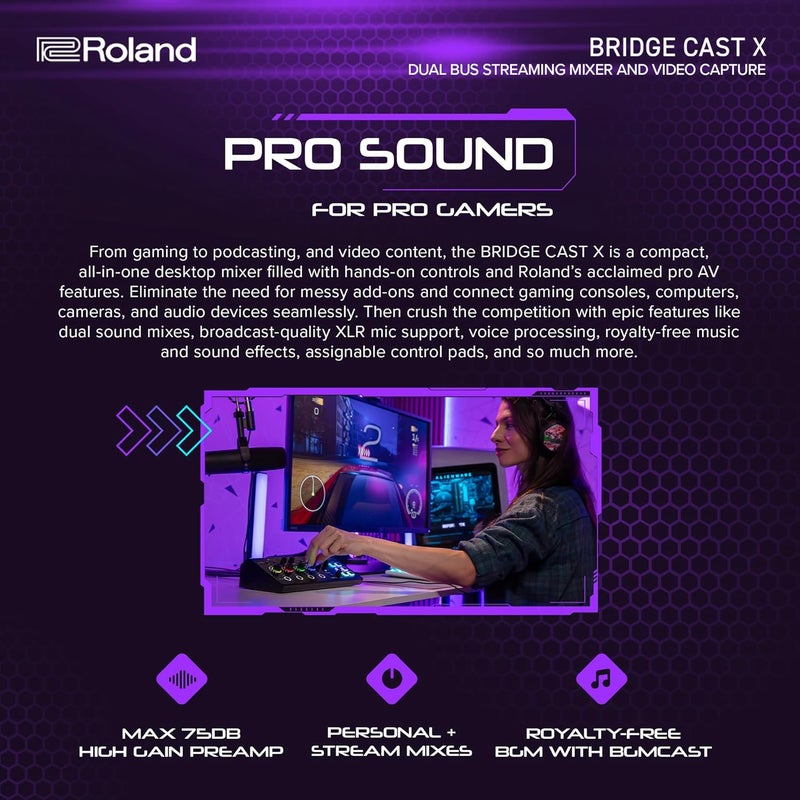 Roland خلاط الألعاب المزدوج BRIDGE CAST X من رولاند لتسجيل الفيديو واجهة بث الصوت الاحترافية للاعبين عبر الإنترنت مع دعم ميكروفون XLR و 32 بت DSP و USBC وتوافق مع ويندوز وماك - Image 3
