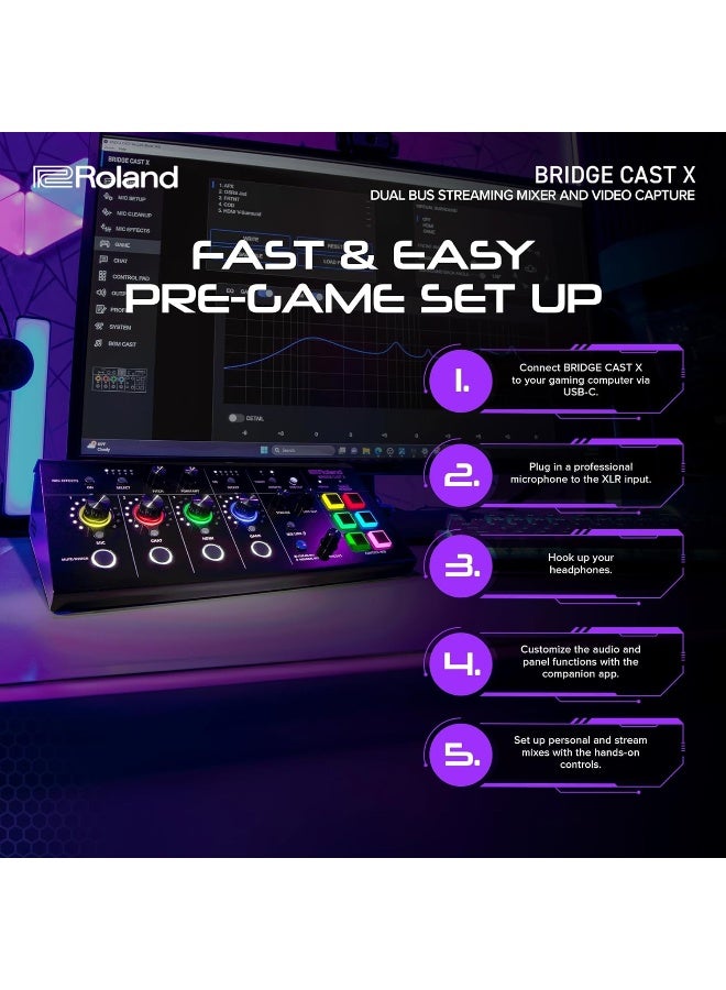 Roland BRIDGE CAST X Dual Bus Gaming Mixer & Video Capture | Pro Audio Streaming Interface for Online Gamers & More | 32-Bit Hardware DSP | USB-C Windows and Mac Connectivity | XLR Mic Support - Image 5