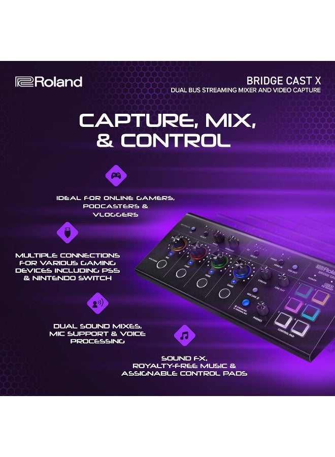Roland BRIDGE CAST X Dual Bus Gaming Mixer & Video Capture | Pro Audio Streaming Interface for Online Gamers & More | 32-Bit Hardware DSP | USB-C Windows and Mac Connectivity | XLR Mic Support - Image 4