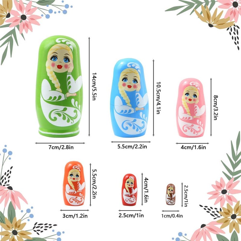 Winterworm Multicolor Girl Russian Nesting Dolls 6 Pcs Girl with Long Braid and Green Eyes Wooden Nesting Doll Handmade Matryoshka Dolls for Kids Stacking Toy Birthday Christmas Home Decoration Girl Women Gift  - Image 2
