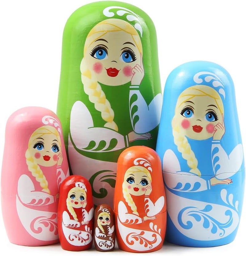 Winterworm Multicolor Girl Russian Nesting Dolls 6 Pcs Girl with Long Braid and Green Eyes Wooden Nesting Doll Handmade Matryoshka Dolls for Kids Stacking Toy Birthday Christmas Home Decoration Girl Women Gift  - Image 1