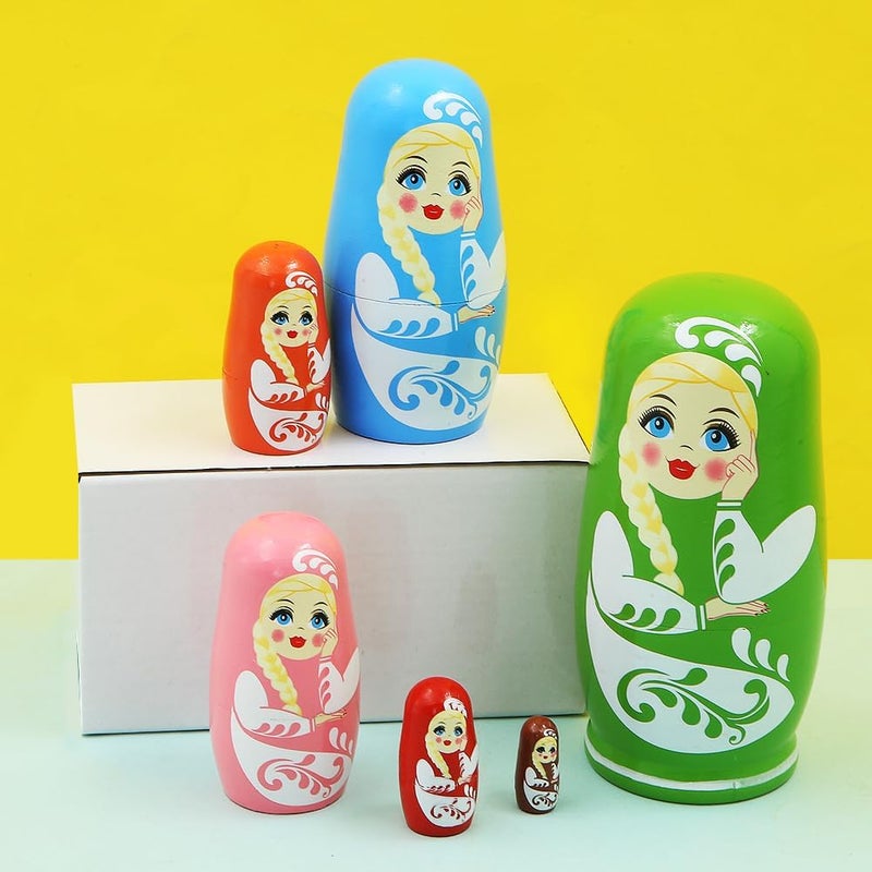 Winterworm Multicolor Girl Russian Nesting Dolls 6 Pcs Girl with Long Braid and Green Eyes Wooden Nesting Doll Handmade Matryoshka Dolls for Kids Stacking Toy Birthday Christmas Home Decoration Girl Women Gift  - Image 4