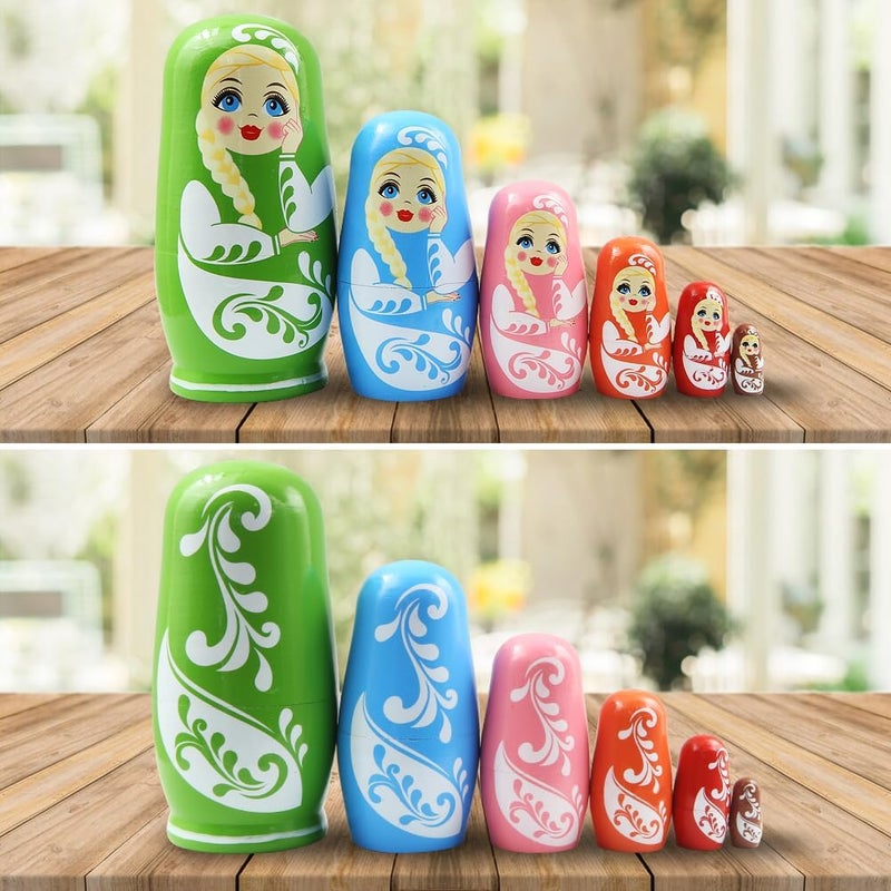Winterworm Multicolor Girl Russian Nesting Dolls 6 Pcs Girl with Long Braid and Green Eyes Wooden Nesting Doll Handmade Matryoshka Dolls for Kids Stacking Toy Birthday Christmas Home Decoration Girl Women Gift  - Image 3