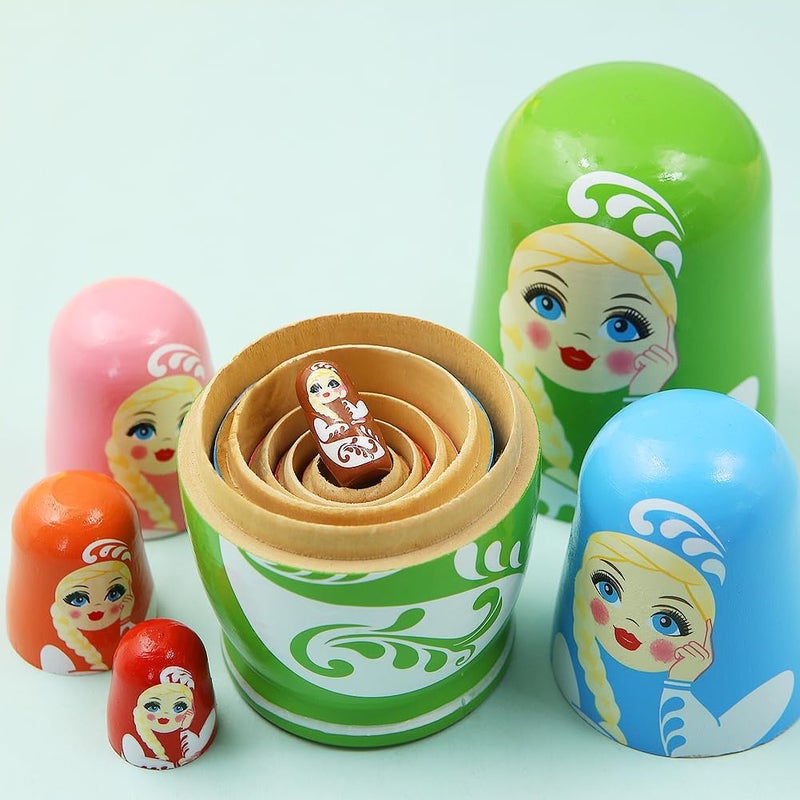 Winterworm Multicolor Girl Russian Nesting Dolls 6 Pcs Girl with Long Braid and Green Eyes Wooden Nesting Doll Handmade Matryoshka Dolls for Kids Stacking Toy Birthday Christmas Home Decoration Girl Women Gift  - Image 5