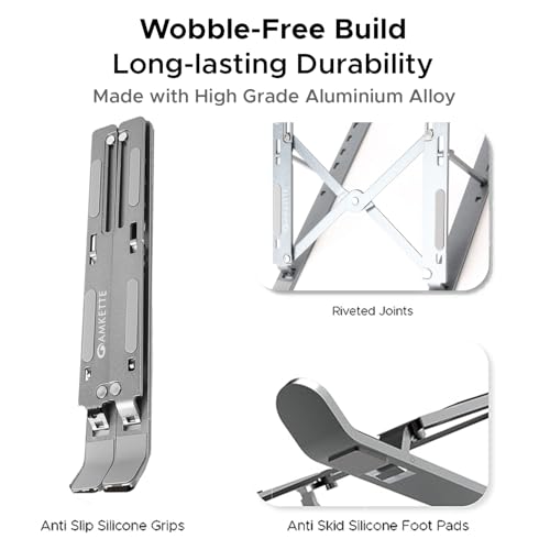 Amkette Ergo Fold X Laptop Stand Metal, 6-Level Adjustable Angles, Supports up to 15.6 inches Laptops, Premium Aluminium Build, Lightweight & Portable, Anti-Slip Silicone Pads, Smart Heat Dissipation - Image 2