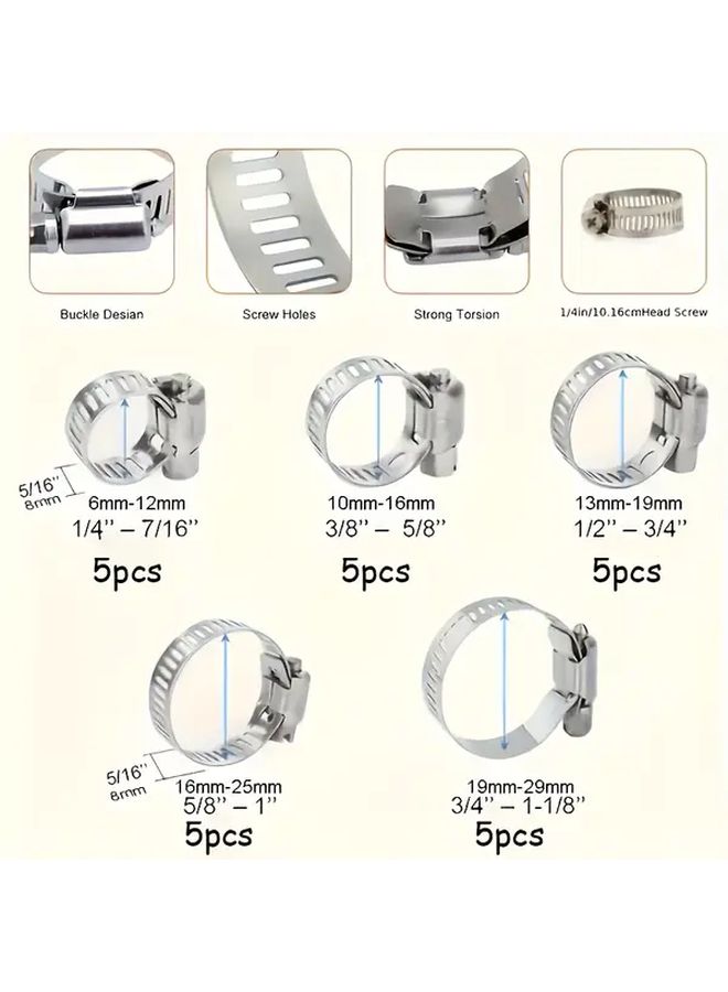 25 Pcs Stainless Steel 304 Hose Clamp Set Worm Gear 1/4 to 1-1/8 Inch - Image 2