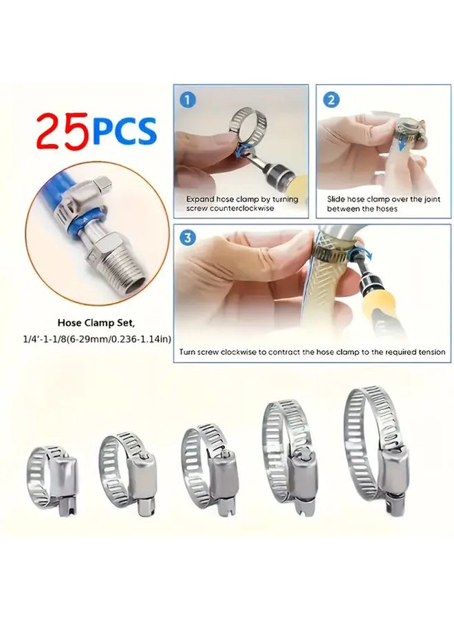 25 Pcs Stainless Steel 304 Hose Clamp Set Worm Gear 1/4 to 1-1/8 Inch - Image 3