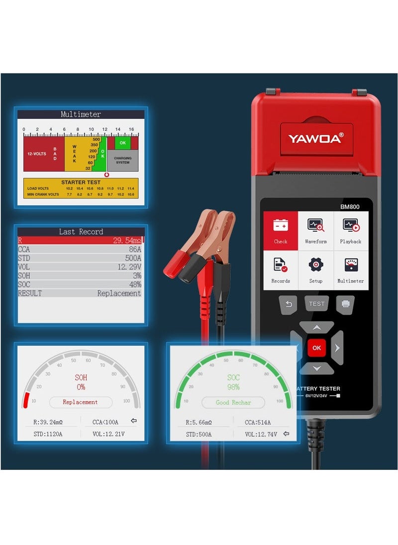 YAWOA - BM800 Car Battery Tester with Printer, 6V/12V/24V Battery Analyzer Cranking Test & Charging Test & Max Load Test PK BT760 - Image 1