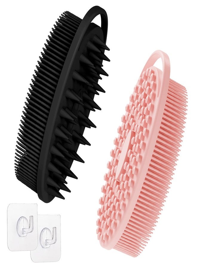 GEENOA Soft Silicone Body Scrubber Set, 2PCS Dual-Side Silicone Loofah for Gentle Exfoliating and Scalp Massaging, Hygienic Shower Scrubber Shampoo Brush for Kids, Women, Sensitive Skin(Black+Pink) - Image 1