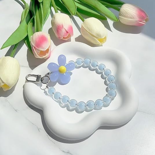 KHOLAD Mobile Phone Strap Pearl Beaded Flower Bracelet Creative Hanging Rope Keychain Anti-Lost Phone Case Lanyard Girl Women's Wrist Strap Phone Charms (Blue) - Image 3