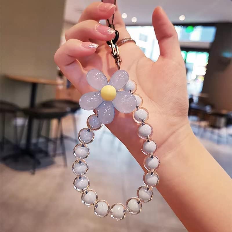 KHOLAD Mobile Phone Strap Pearl Beaded Flower Bracelet Creative Hanging Rope Keychain Anti-Lost Phone Case Lanyard Girl Women's Wrist Strap Phone Charms (Blue) - Image 2