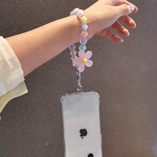 KHOLAD Mobile Phone Strap Pearl Beaded Flower Bracelet Creative Hanging Rope Keychain Anti-Lost Phone Case Lanyard Girl Women's Wrist Strap Phone Charms (Blue) - Image 4