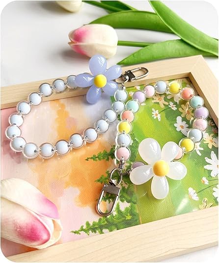 KHOLAD Mobile Phone Strap Pearl Beaded Flower Bracelet Creative Hanging Rope Keychain Anti-Lost Phone Case Lanyard Girl Women's Wrist Strap Phone Charms (Blue) - Image 5