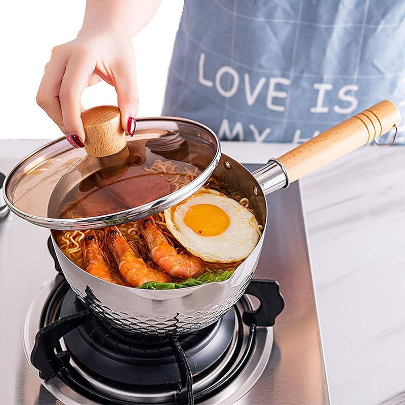 Nonstick Traditional Japanese Pan, Stainless Steel Deep Type Saucepan Pot with Brown Glass Lid and Beech Wooden Handle,Without Lid,Stainless Steel Bucket (With Lid 20cm/7.9in) - Image 1