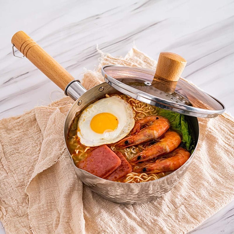 Nonstick Traditional Japanese Pan, Stainless Steel Deep Type Saucepan Pot with Brown Glass Lid and Beech Wooden Handle,Without Lid,Stainless Steel Bucket (With Lid 20cm/7.9in) - Image 2