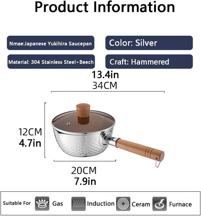 Nonstick Traditional Japanese Pan, Stainless Steel Deep Type Saucepan Pot with Brown Glass Lid and Beech Wooden Handle,Without Lid,Stainless Steel Bucket (With Lid 20cm/7.9in) - Image 5