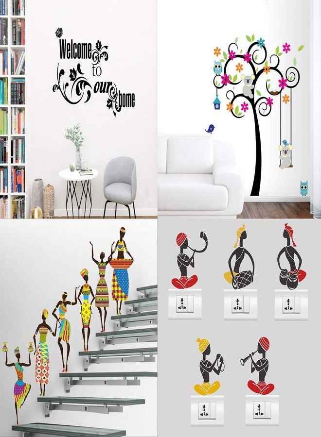 Walltech Combo of 4 Wall Sticker Welcome to Our Home Vine-(76 x46 cms)|Cute Tree with Flower and Animals Multicolour-(98 x 124 cms)|Tribal Lady-(180 x 60 cms)|sb Folk Band-(11 x15 cms)-Material Vinyl - Image 1