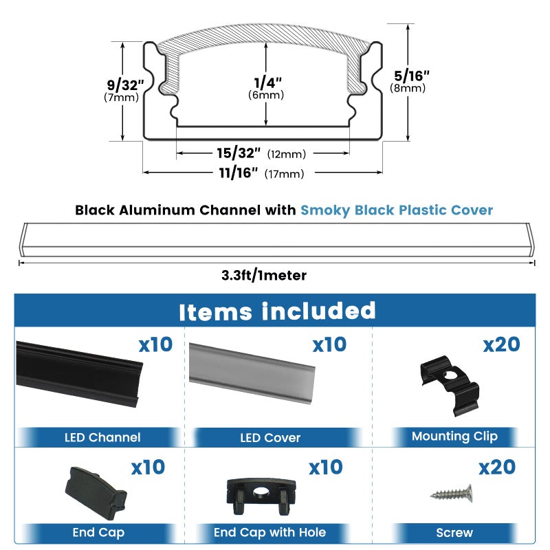 Muzata 10Pack 3.3FT/1M LED Channel Black Aluminum U Shape LED Strip Channel with Transparent Smoky Black Cover Easy Installation U1SW BB 1M - Image 3