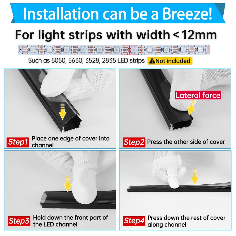 Muzata 10Pack 3.3FT/1M LED Channel Black Aluminum U Shape LED Strip Channel with Transparent Smoky Black Cover Easy Installation U1SW BB 1M - Image 4
