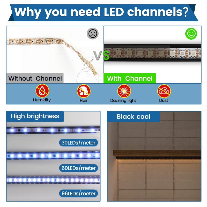 Muzata 10Pack 3.3FT/1M LED Channel Black Aluminum U Shape LED Strip Channel with Transparent Smoky Black Cover Easy Installation U1SW BB 1M - Image 2