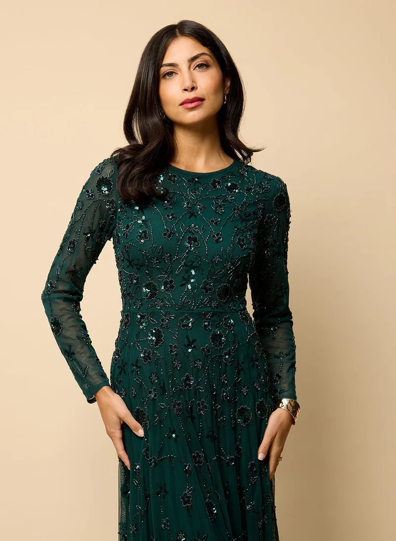 Little Mistress Embellished Long Sleeve Maxi Dress