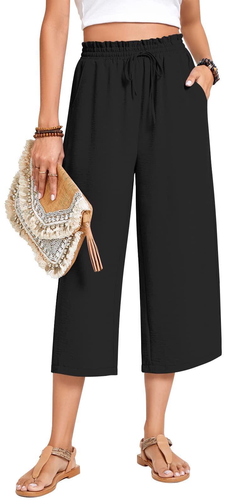 Anyhold Womens Plus Size Capri Pants Loose High Waisted Wide Leg Lounge Pants Drawstring Casual Palazzo Trousers with Pockets 2X-Large, Black - Image 2