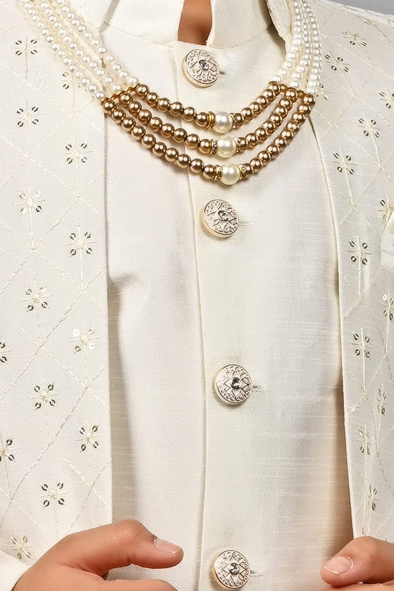 AHHAAAA Kids Ethnic Silk Blend Indo-Western Sherwani Set For Boys (Cream, 2-3 Years) 504, Solid - Image 5