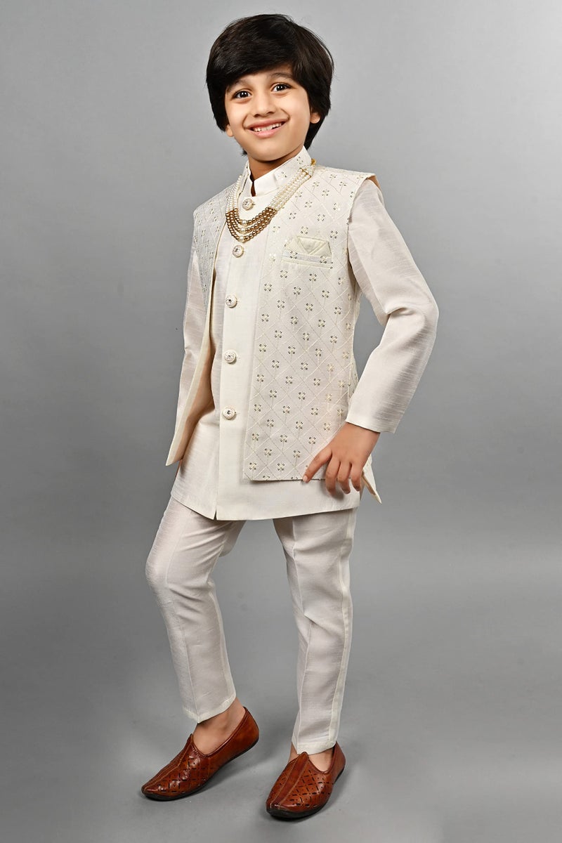 AHHAAAA Kids Ethnic Silk Blend Indo-Western Sherwani Set For Boys (Cream, 2-3 Years) 504, Solid - Image 4