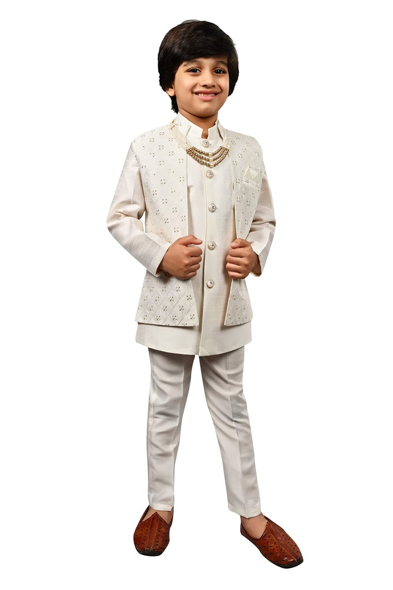 AHHAAAA Kids Ethnic Silk Blend Indo-Western Sherwani Set For Boys (Cream, 2-3 Years) 504, Solid - Image 1