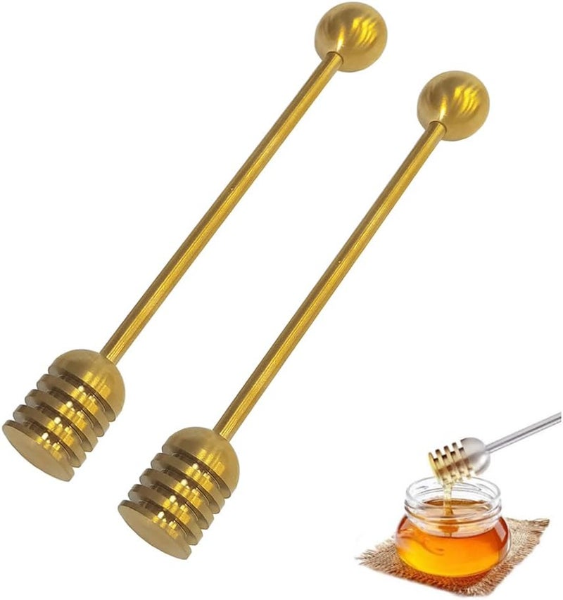 Alunsito Stainless Steel Honey Dipper Stick, 6.3 Inch Honey Wand Server, Removable Honeycomb Stick for Honey Pot Dispense Honey, Wedding Party Favors, 2 Pieces, Gold - Image 1